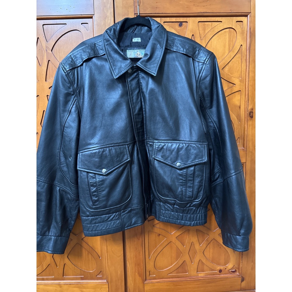 Gino Leathers Vintage Pilot Bomber Jacket Black Genuine Leather Mens Large India